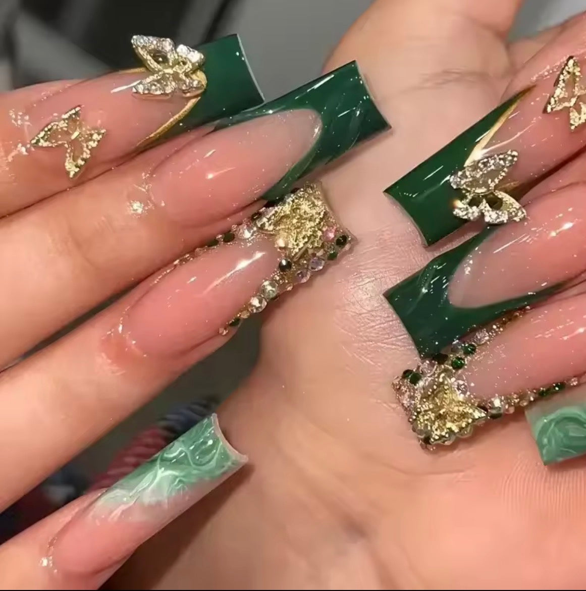 Money Money - 24Pc Green French Press on Nails with Diamond Gold Butterfly