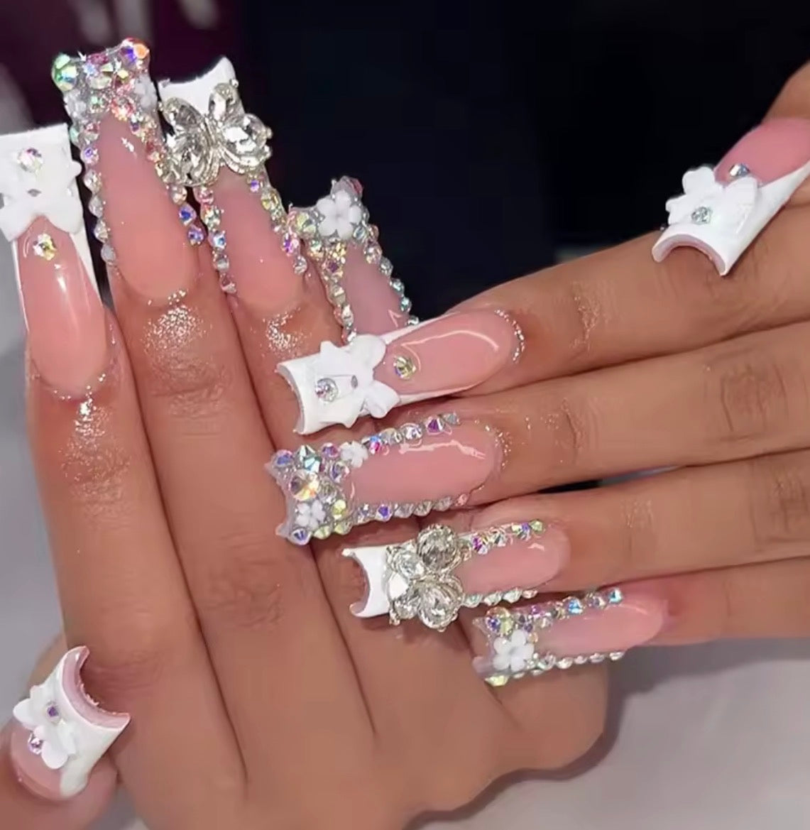 Diamond Girl - 24Pc Long French Ballet Press on Nails with Rhinestone design