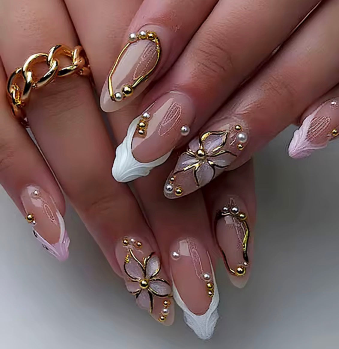 Wedding Bells - 24Pc French Almond  Press on Nails with Flower Pattern